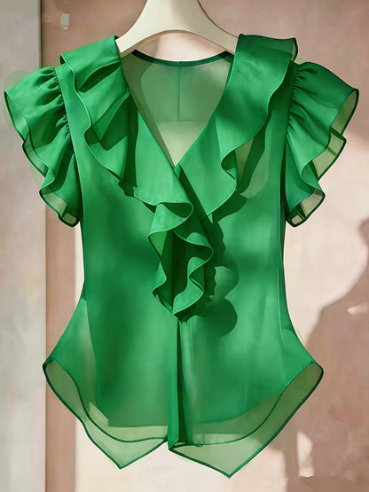 Women's blouse with ruffles and V-neck – Elegant frilled blouse for office and leisure