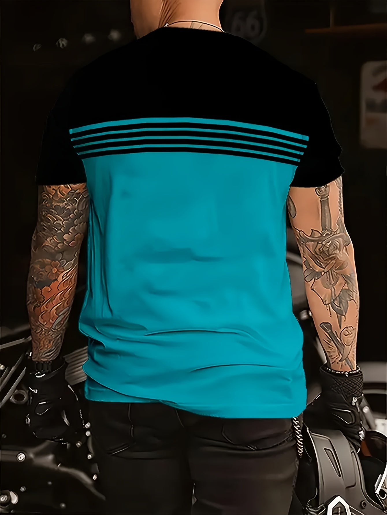Men's T-shirt with striped pattern in biker style – short sleeve, casual, for motorcyclists