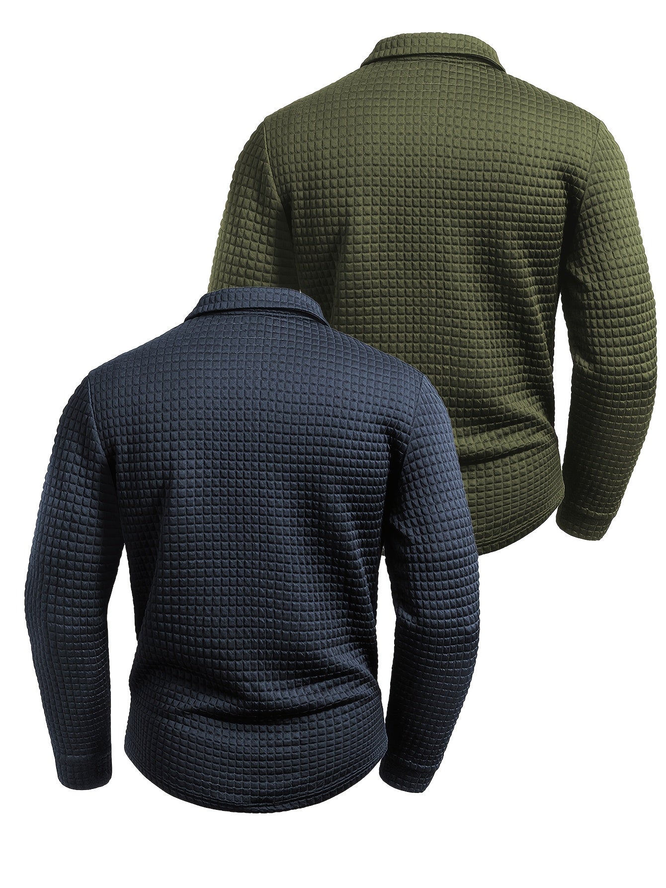Men's long-sleeved polo shirt with a waffle texture and checked collar, navy blue and army green