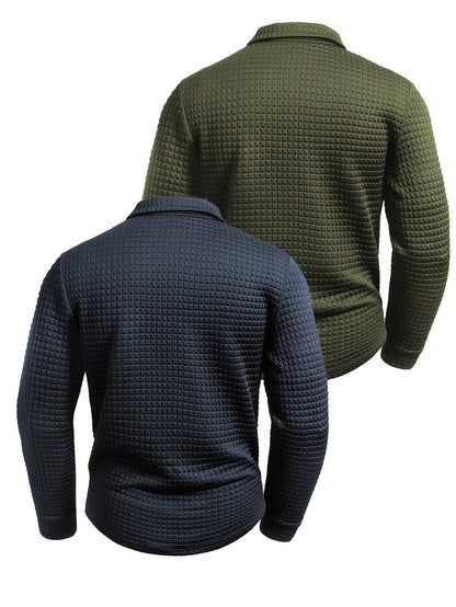 Men's long-sleeved polo shirt with a waffle texture and checked collar, navy blue and army green