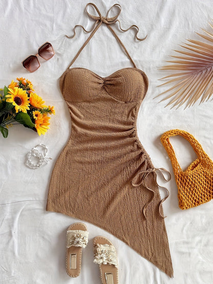 Women's bodycon dress with asymmetrical hem and halter neck – Elegant summer look for party & vacation