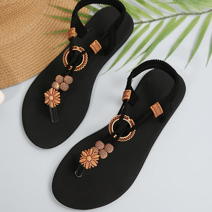 Women's Boho Thong Sandals – Flat Summer Shoes with Flower and Pearl Decoration