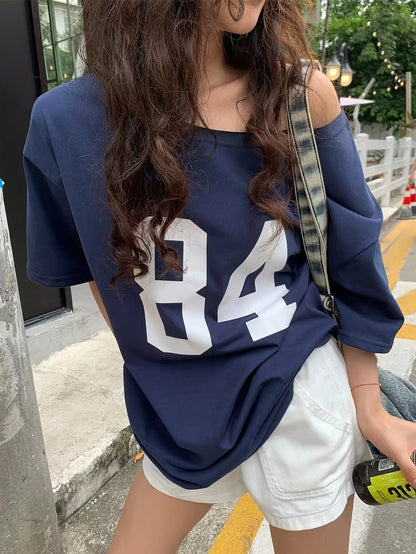 Damen Oversize Streetwear T-Shirt mit Nummernprint im Varsity-Stil – Lässiges Retro-Shirt für Freizeit und Alltag