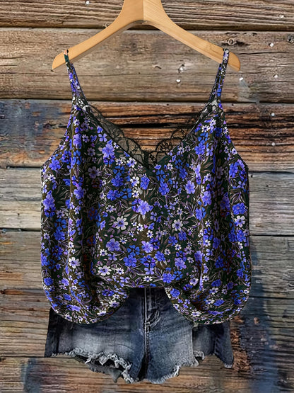 Women's summer top with floral pattern and lace trim, casual spaghetti strap tank top