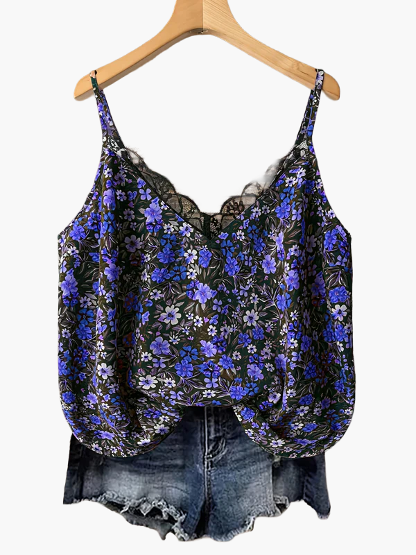 Women's summer top with floral pattern and lace trim, casual spaghetti strap tank top