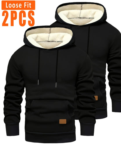 2-pack of men’s hooded sweatshirts, fleece-lined, with kangaroo pockets and drawstrings, black & dark gray