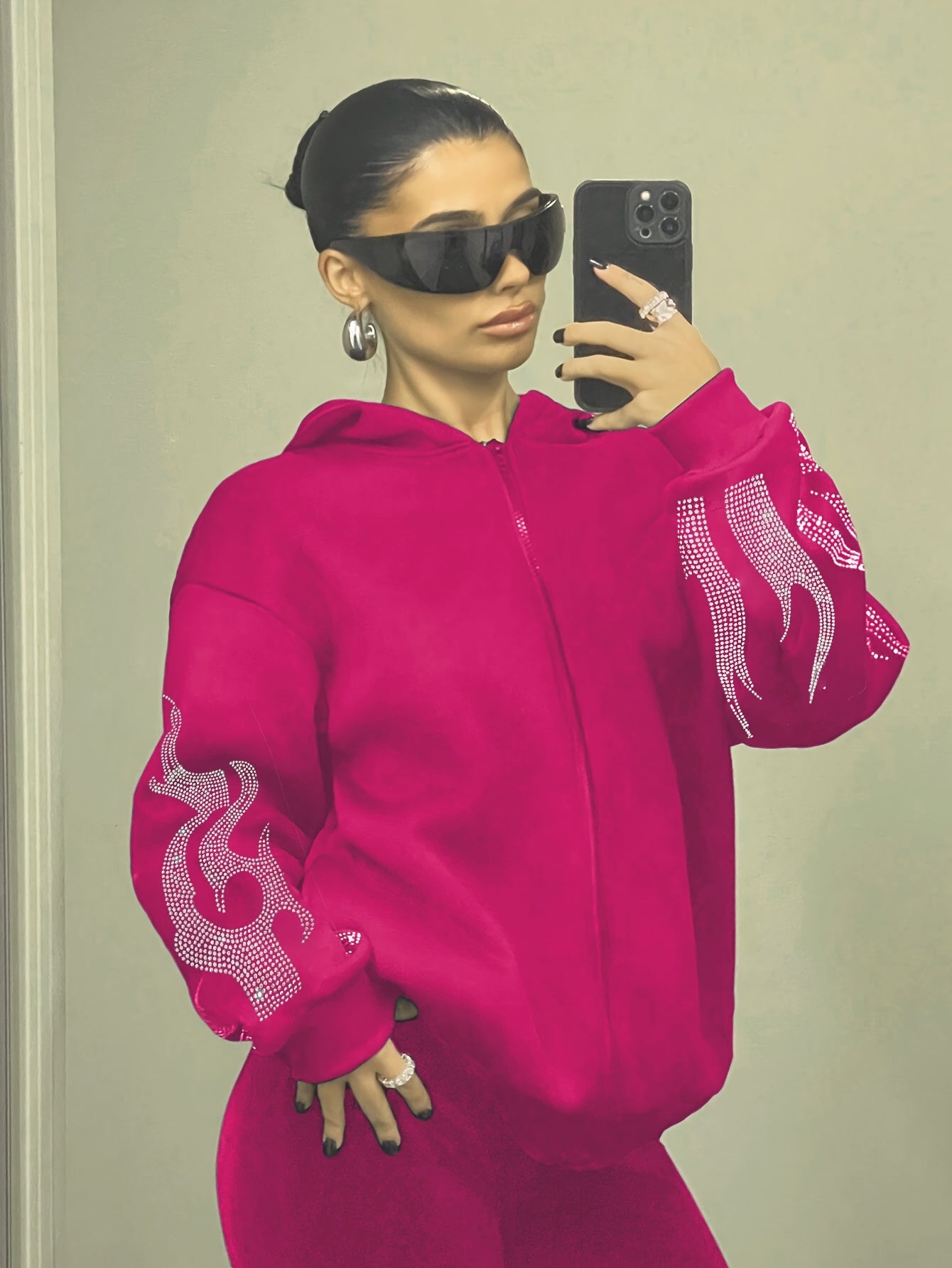 Women's hoodie with rhinestone flame pattern and hood, relaxed fit