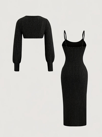 Women's ribbed spaghetti-strap dress and bolero knit set with side slit
