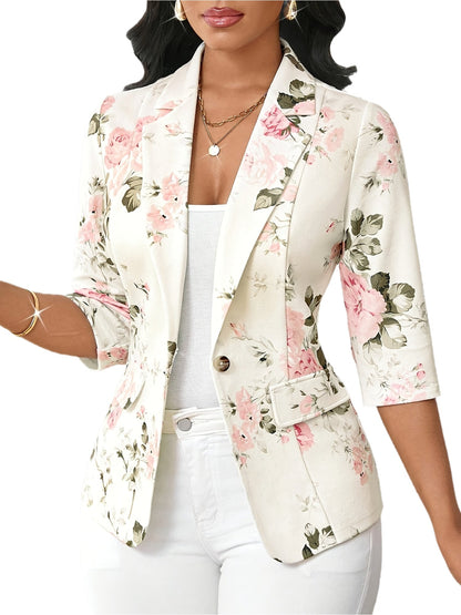 Women's Elegant Blazer with Floral Pattern and 3/4 Sleeves for Office and Casual Wear