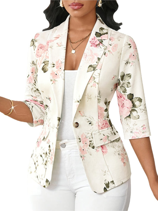 Women's Elegant Blazer with Floral Pattern and 3/4 Sleeves for Office and Casual Wear