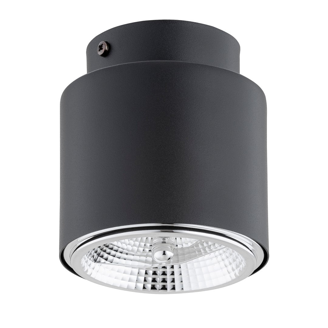 Zwarte cilindrische plafondlamp van staal met zilverkleurige reflector en zichtbaar ruitpatroon onderin