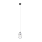 Zwarte hanglamp met ovale transparante glazen kap en zwart plafondplaatje aan een dun snoer