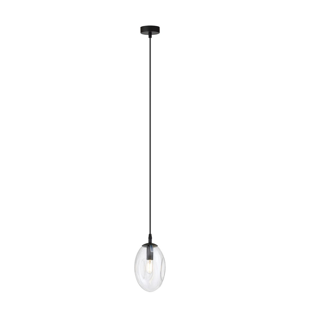 Zwarte hanglamp met ovale transparante glazen kap en zwart plafondplaatje aan een dun snoer