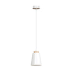 Witte hanglamp met conische kap en houten accent aan een wit snoer, met witte plafondkap met houtrand