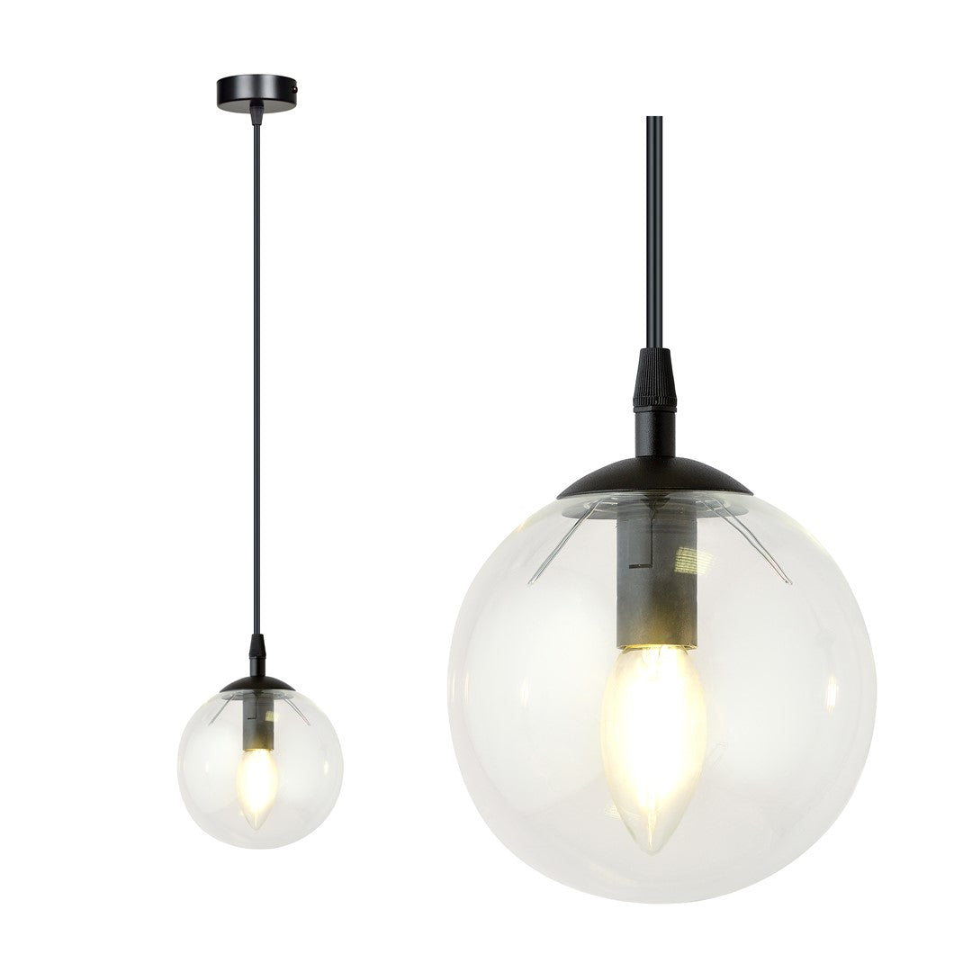 Zwarte hanglamp met transparante glazen bol en zichtbare led-lamp, links hele lamp, rechts close-up van de kap