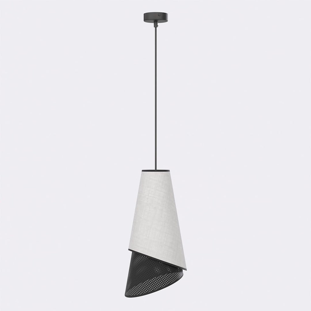 Hanglamp met grijze conische stoffen kap en geperforeerde zwarte metalen onderzijde aan een dunne zwarte stang