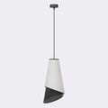 Hanglamp met grijze conische stoffen kap en geperforeerde zwarte metalen onderzijde aan een dunne zwarte stang
