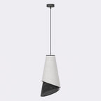 Hanglamp met grijze conische stoffen kap en geperforeerde zwarte metalen onderzijde aan een dunne zwarte stang