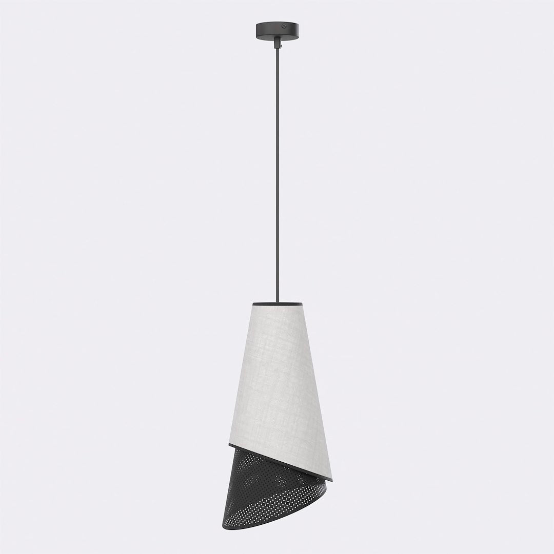 Hanglamp met grijze conische stoffen kap en geperforeerde zwarte metalen onderzijde aan een dunne zwarte stang