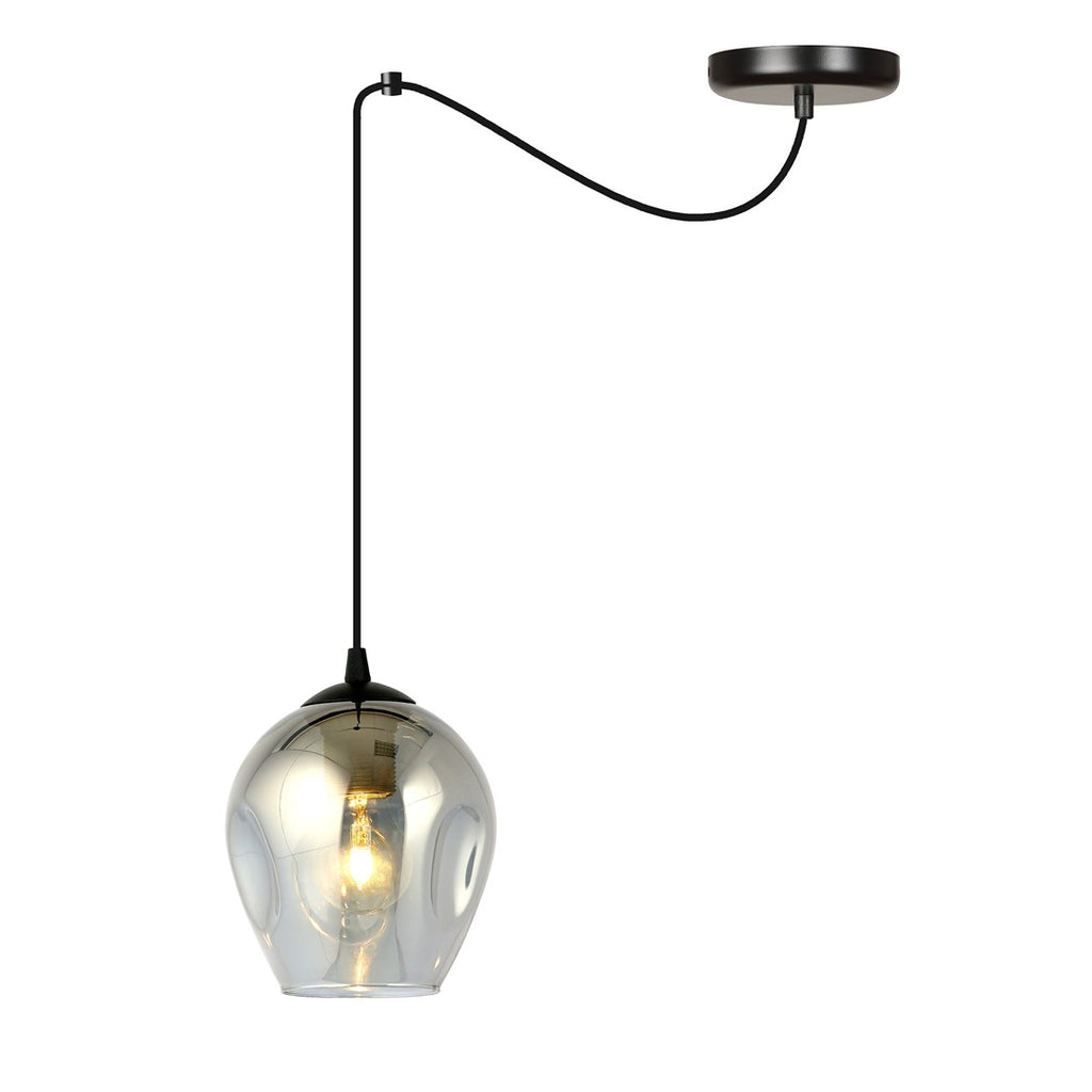 Zwarte hanglamp met lang snoer en grafietkleurige glazen kap met brandende lamp