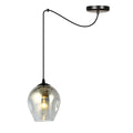 Zwarte hanglamp met lang snoer en grafietkleurige glazen kap met brandende lamp