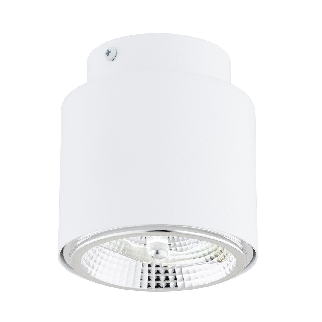 Witte cilindrische plafondlamp met glanzende rand en ribbelreflector rond de lichtbron