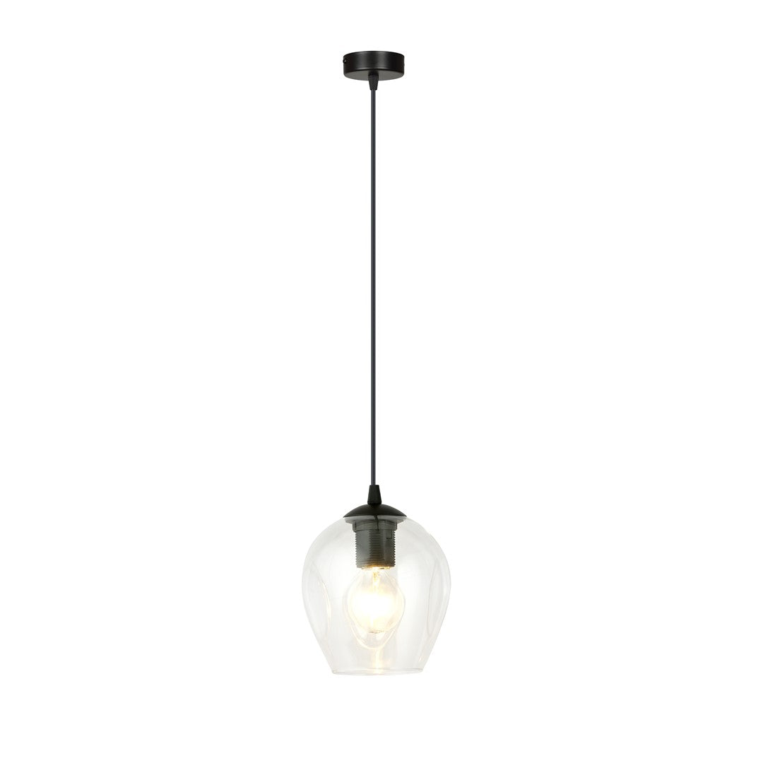 Zwarte hanglamp met transparante glazen kap en brandende lichtbron aan een dun zwart snoer