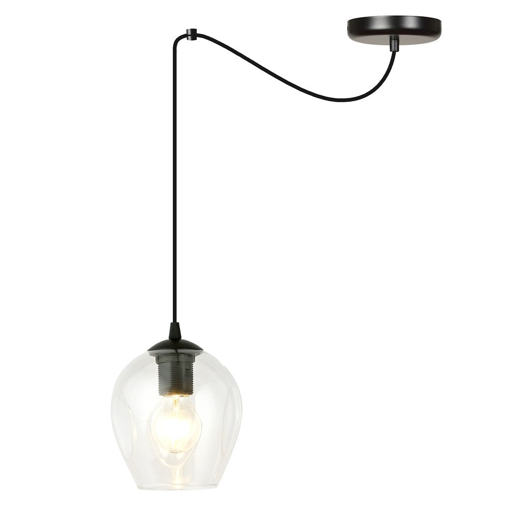Zwarte hanglamp met transparante glazen kap en brandende lichtbron, met lang zwart snoer en ronde plafondplaat