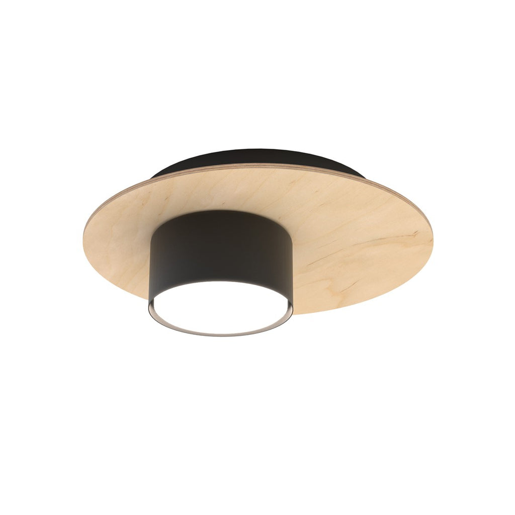 Ronde plafondlamp met lichte houten multiplex schijf en zwarte cilindervormige spot met wit lichtvlak