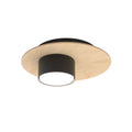 Ronde plafondlamp met lichte houten multiplex schijf en zwarte cilindervormige spot met wit lichtvlak