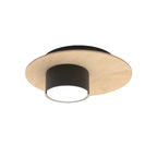 Ronde plafondlamp met lichte houten multiplex schijf en zwarte cilindervormige spot met wit lichtvlak