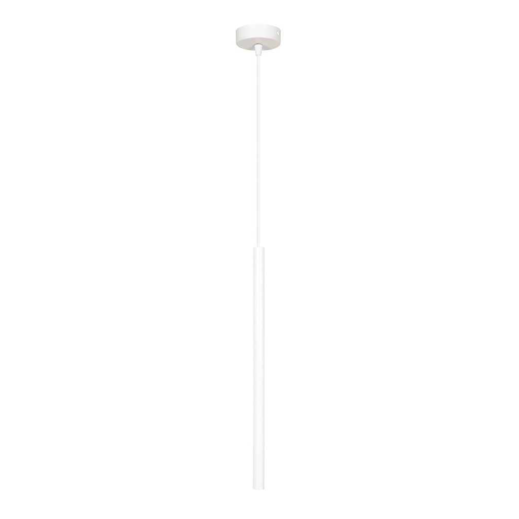 Witte hanglamp met dun snoer, ronde canopy en lange slanke metalen buis