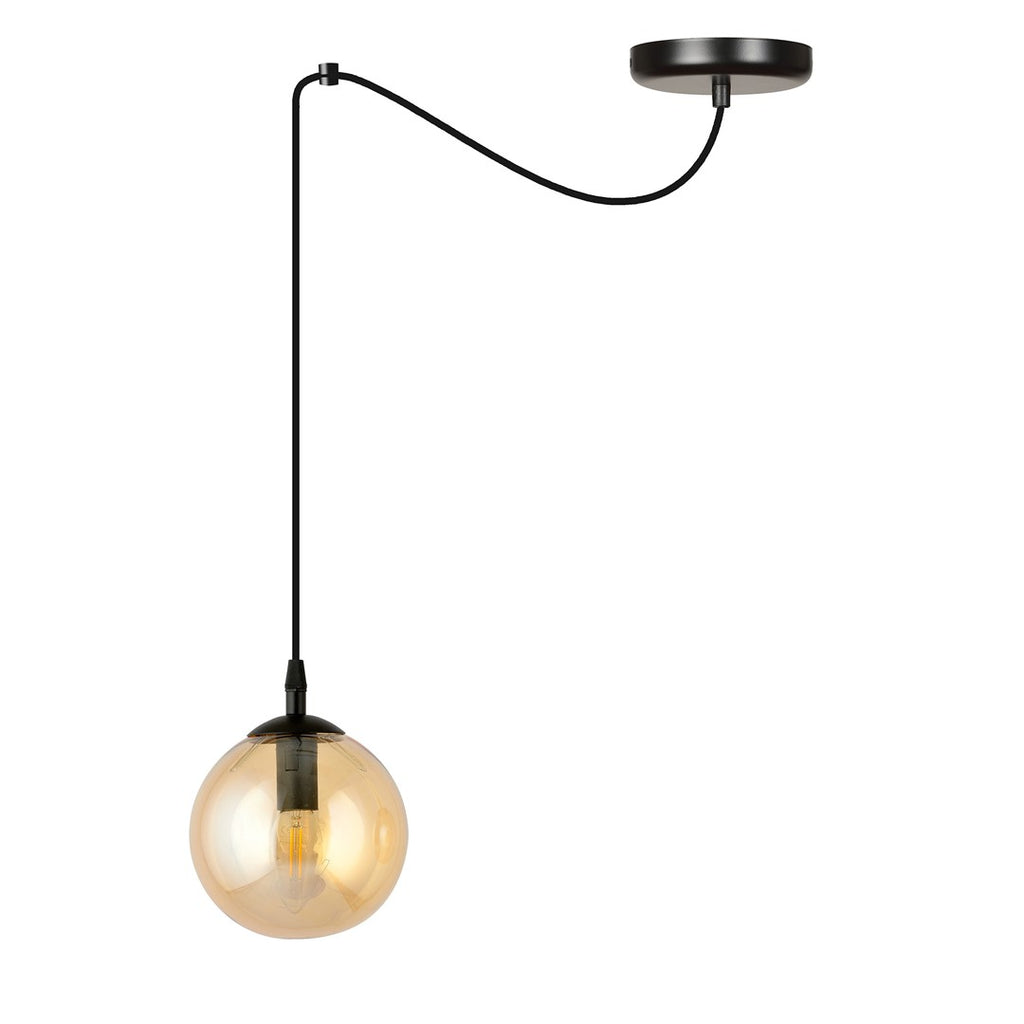 Hanglamp gepoedercoat staal en glas Gigi, modern, amber kap Ø 14 cm, zwart frame, 1 lichtpunt E14