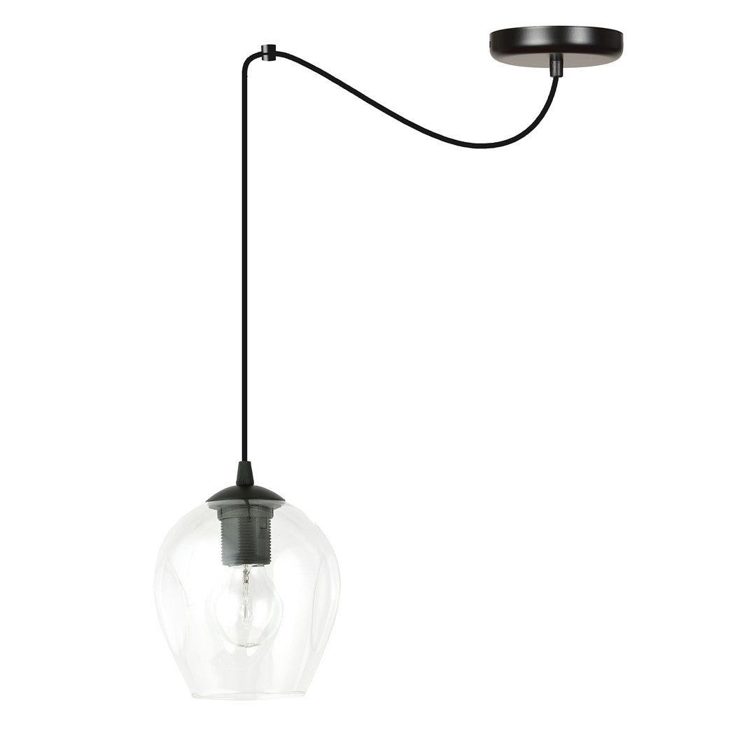 Hanglamp glas en gepoedercoat staal, modern, zwart met transparante kap Ø 14 cm, woonkamer