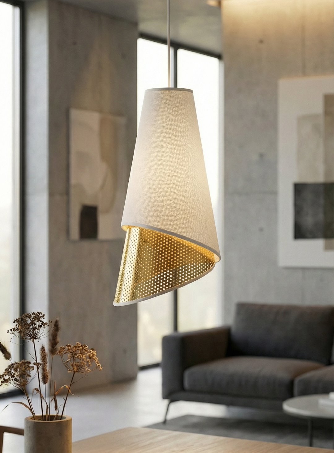 Hanglamp gepoedercoat staal met stoffen kap, modern, wit en goud, Ø 20 cm, 1 lichtpunt, E27, woonkamer en eetkamer