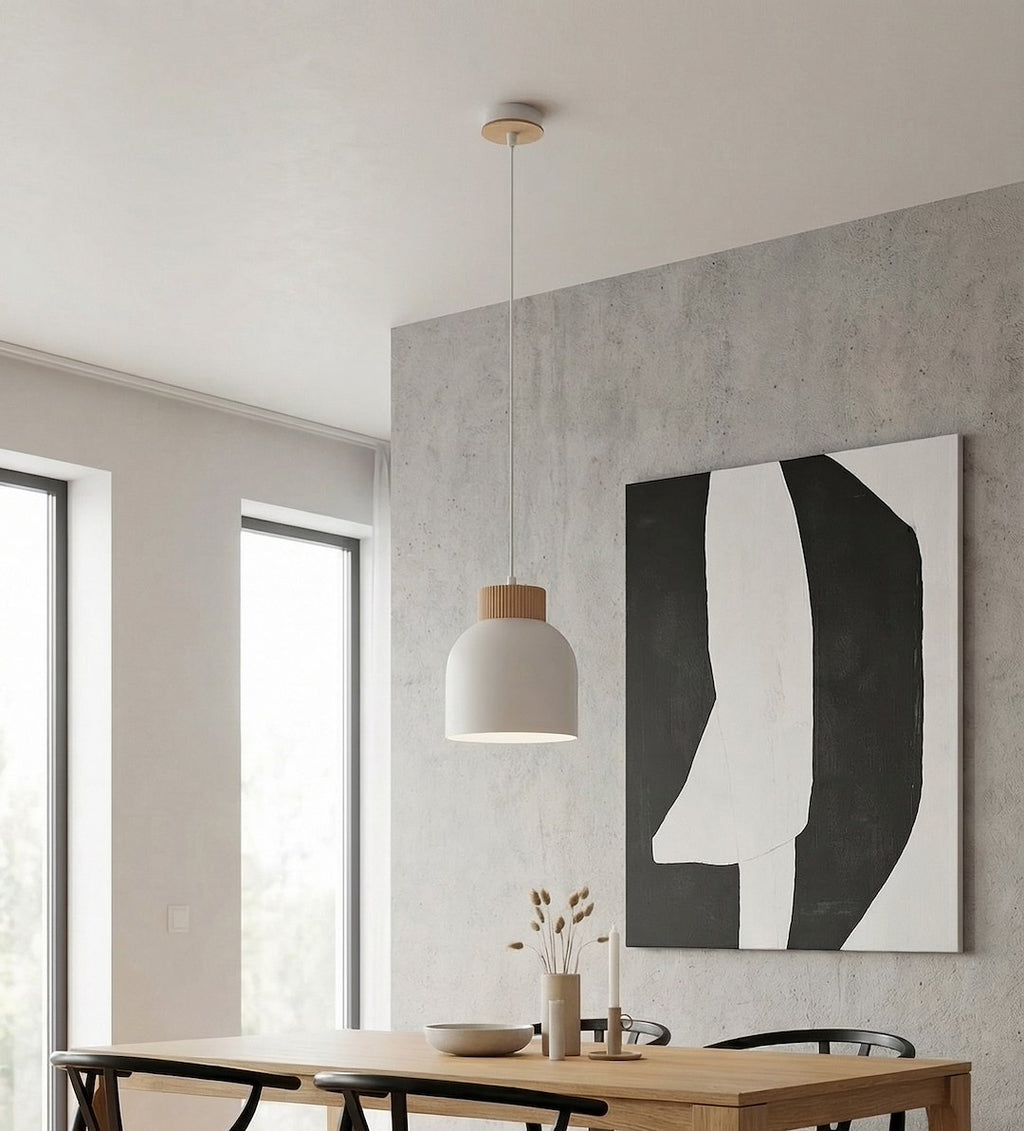 Hanglamp gepoedercoat staal Scandinavisch Vigo wit met houten accent, Ø 18 cm – eettafel en kookeiland