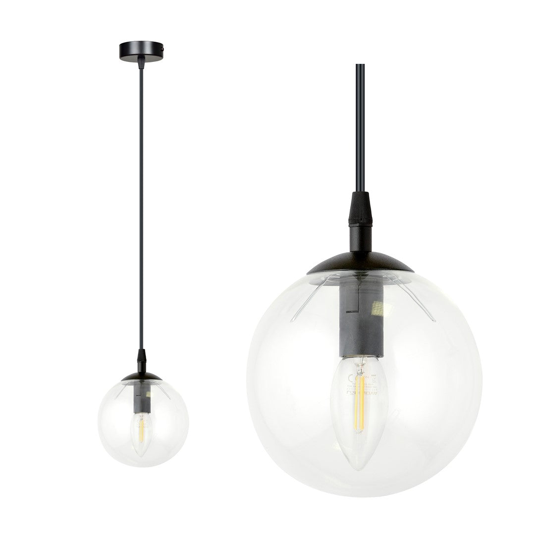 Hanglamp gepoedercoat staal en glas Cosmo, zwart met transparante glazen kap Ø 14 cm, verstelbaar