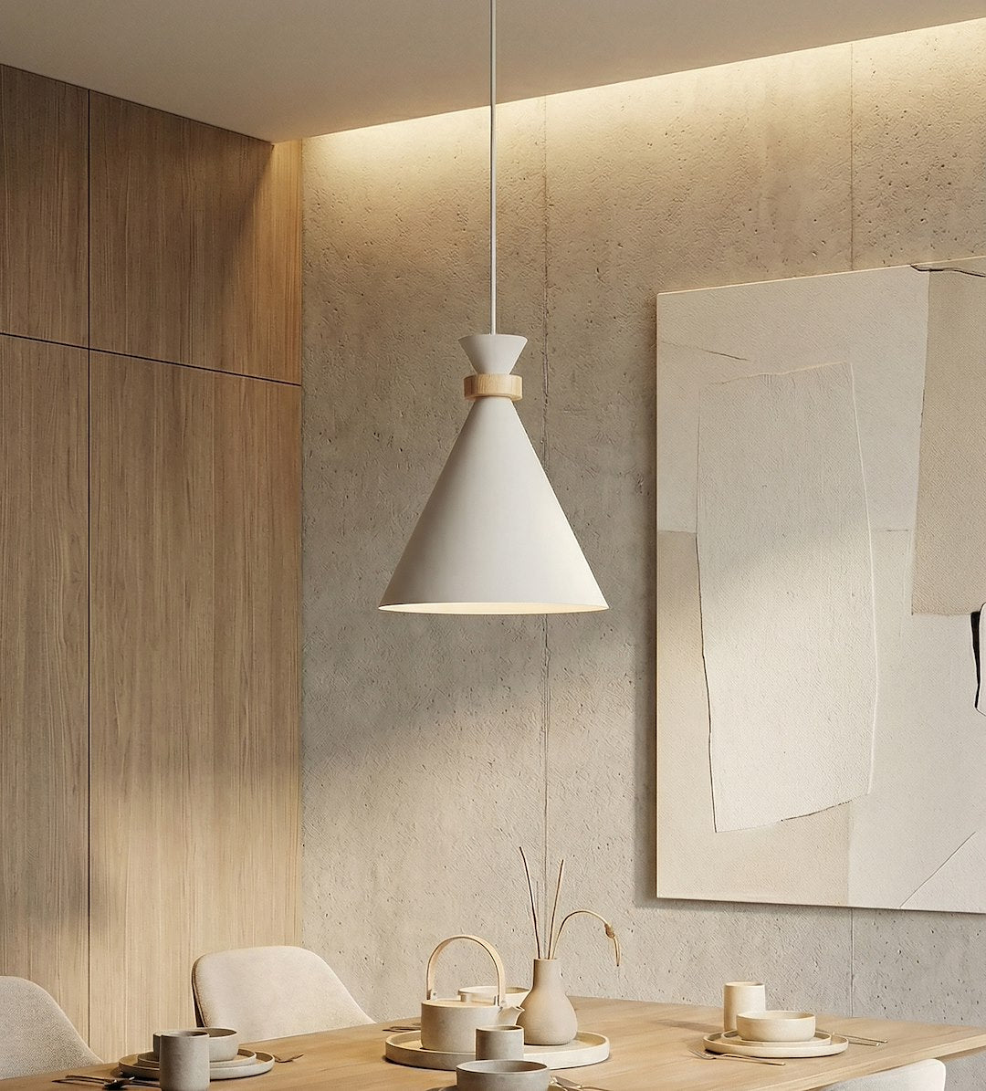 Hanglamp gepoedercoat staal en hout Zero Scandinavisch wit 23 x 23 cm, E27, voor eettafel of kookeiland