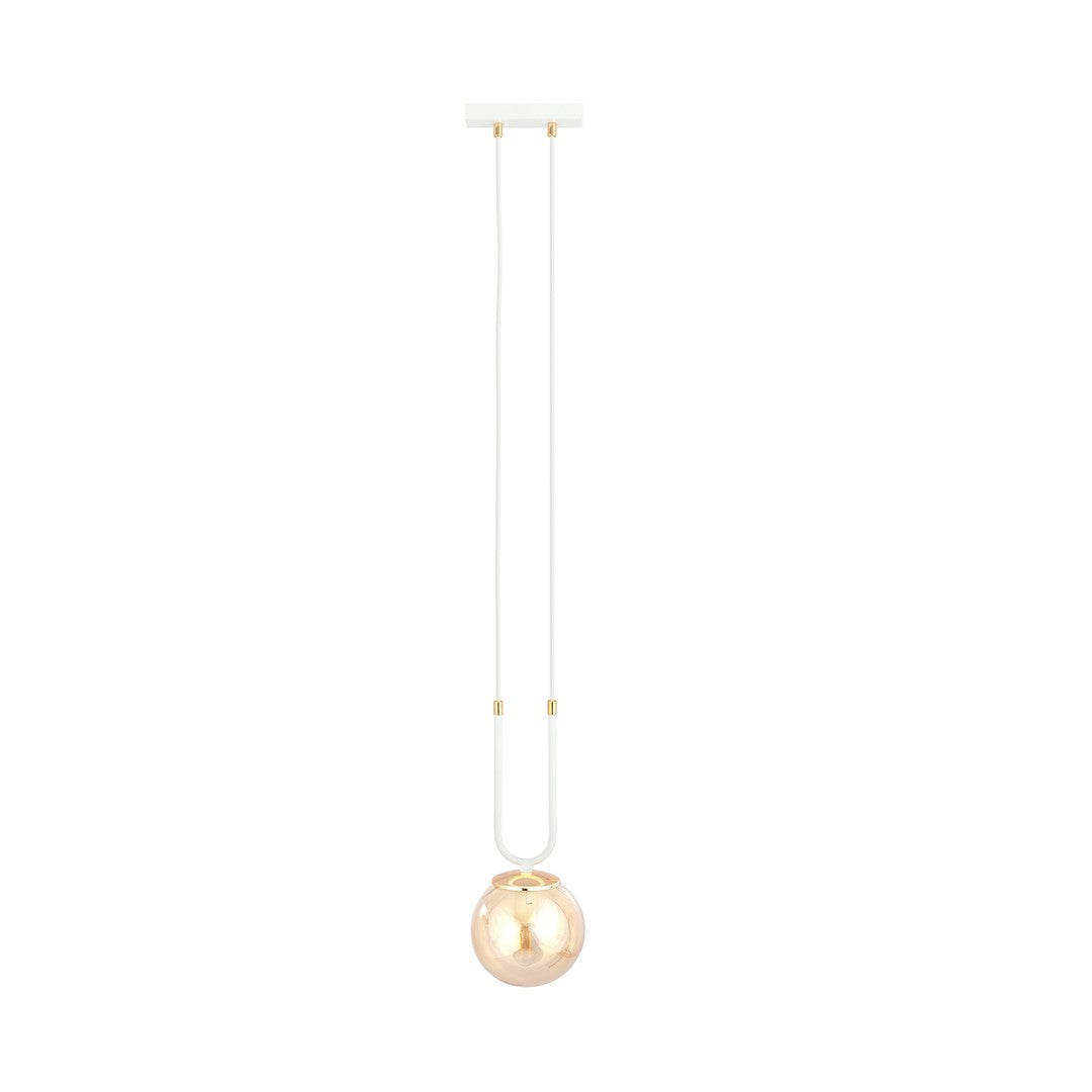 Hanglamp gepoedercoat staal en glas Glam retro, wit met amberkleurige glazen kap Ø 14 cm, 1 lichtpunt E14