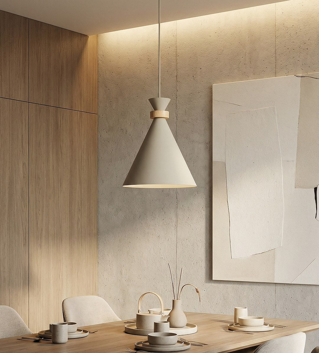Hanglamp gepoedercoat staal met hout Scandinavisch beige Ø 23 cm, 1 fitting E27, boven kookeiland of eettafel