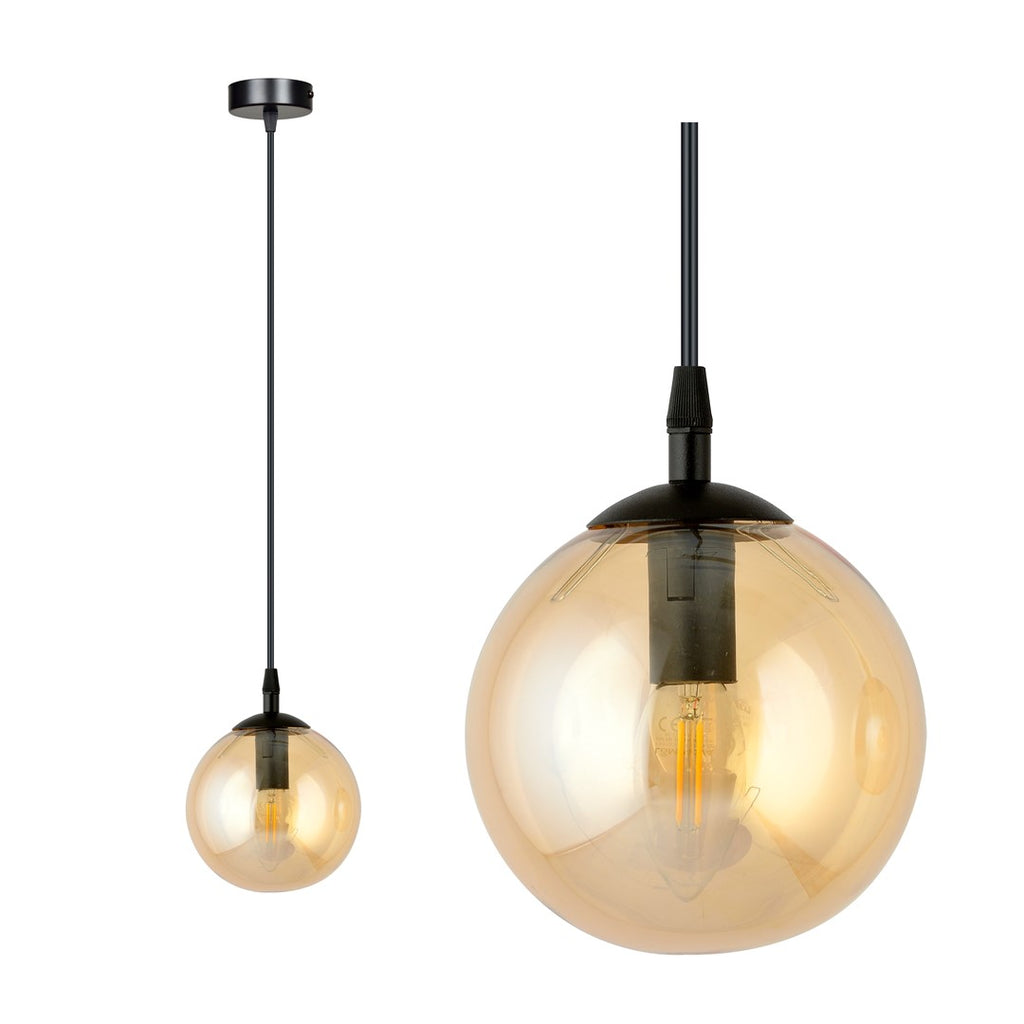 Hanglamp Cosmo gepoedercoat staal en glas, amber kap Ø 14 cm, zwart frame, 1 fitting E14, modern