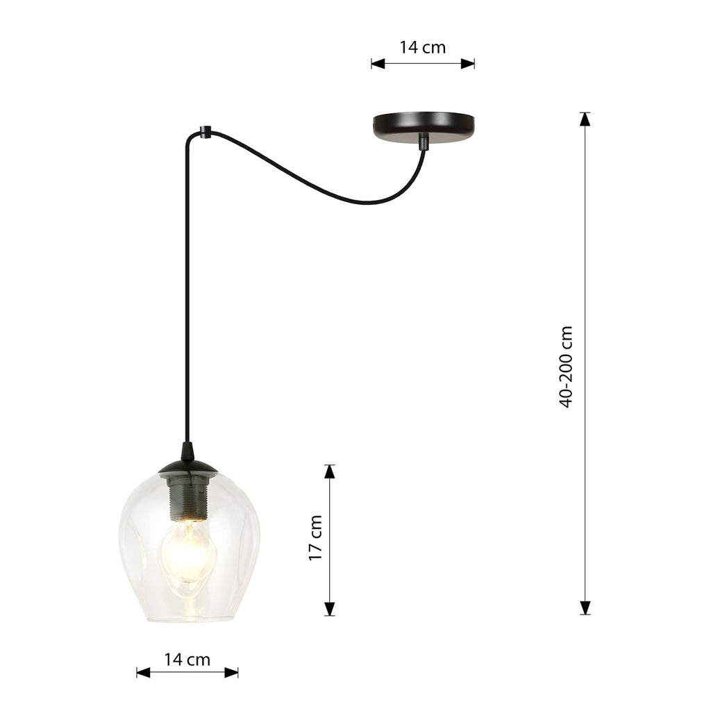 Hanglamp glas en gepoedercoat staal, modern, zwart met transparante kap Ø 14 cm, woonkamer