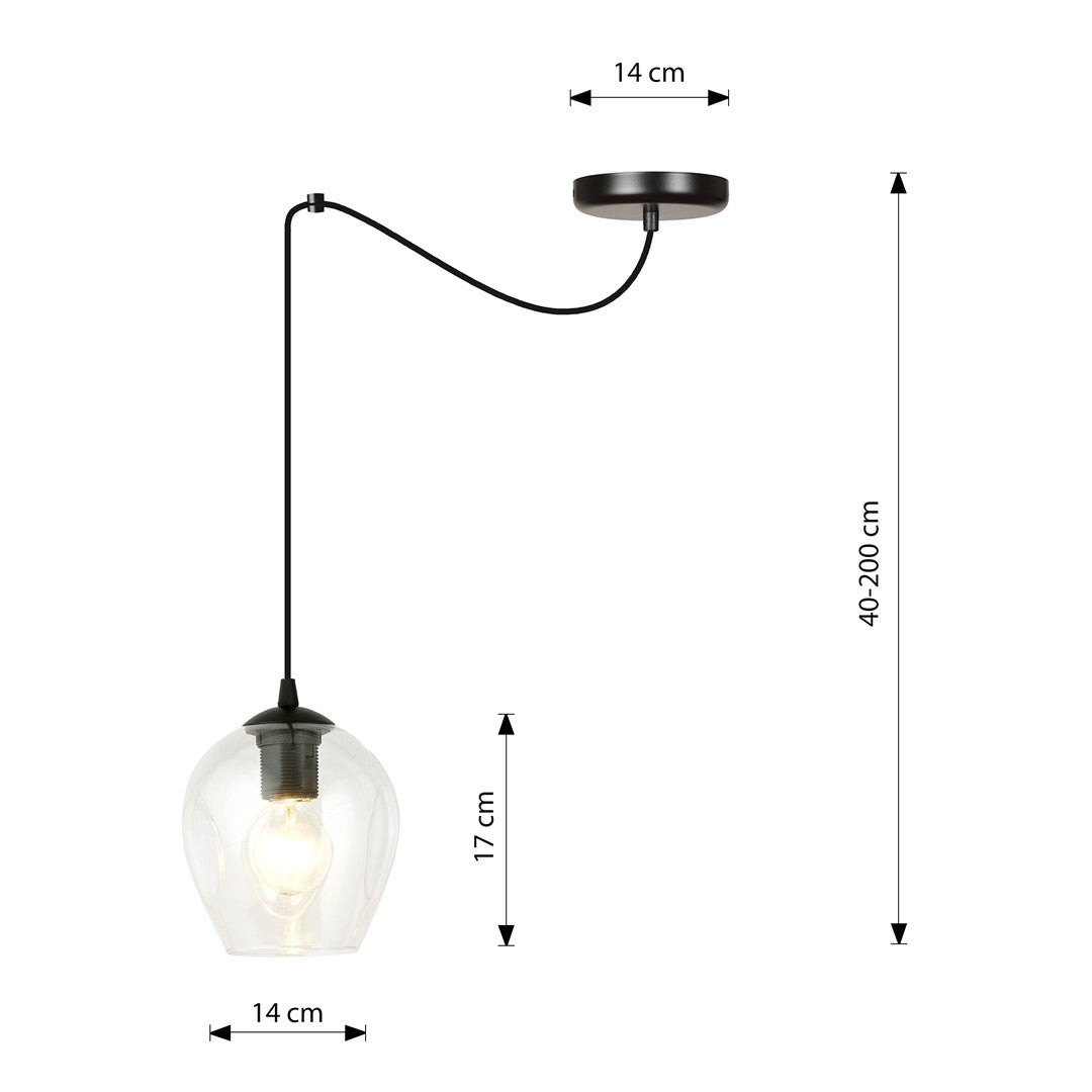 Hanglamp glas en gepoedercoat staal, modern, zwart met transparante kap Ø 14 cm, woonkamer