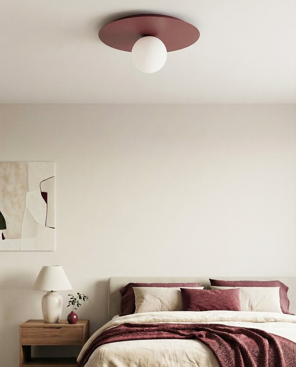Plafondlamp gepoedercoat staal modern Solar 1 bordeaux met witte glazen bol, Ø 43 cm, voor woonkamer en slaapkamer