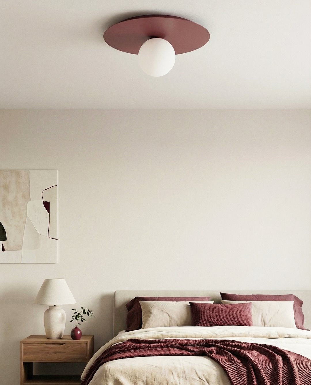 Plafondlamp gepoedercoat staal modern Solar 1 bordeaux met witte glazen bol, Ø 43 cm, voor woonkamer en slaapkamer