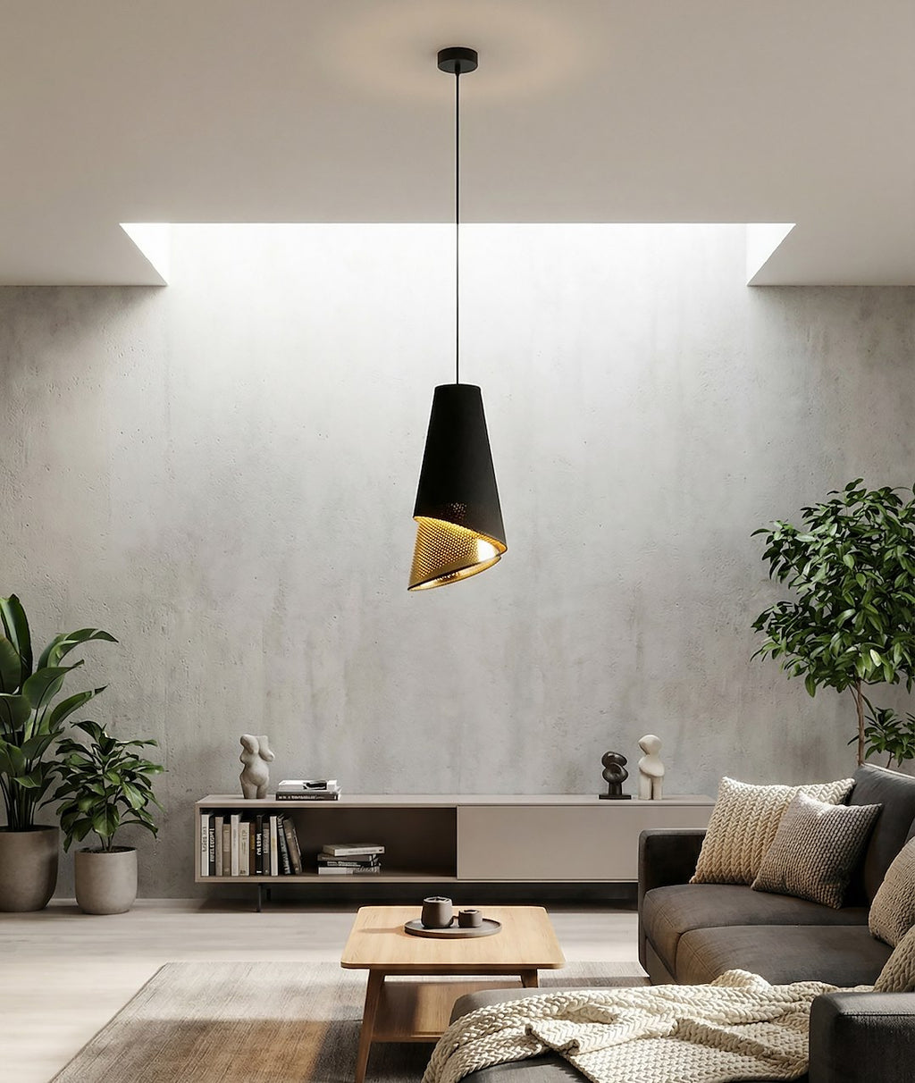 Hanglamp Moda gepoedercoat staal met stoffen kap, modern, zwart met goud, kapdiameter 20 cm, verstelbaar