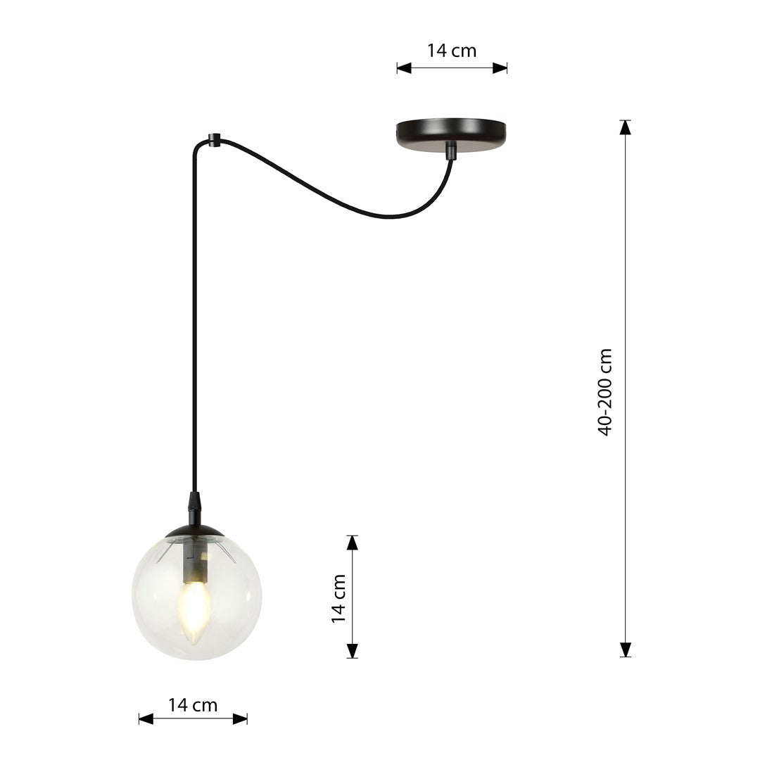 Hanglamp gepoedercoat staal en glas Gigi, zwart met transparante glazen kap Ø 14 cm, 1 lichtpunt E14