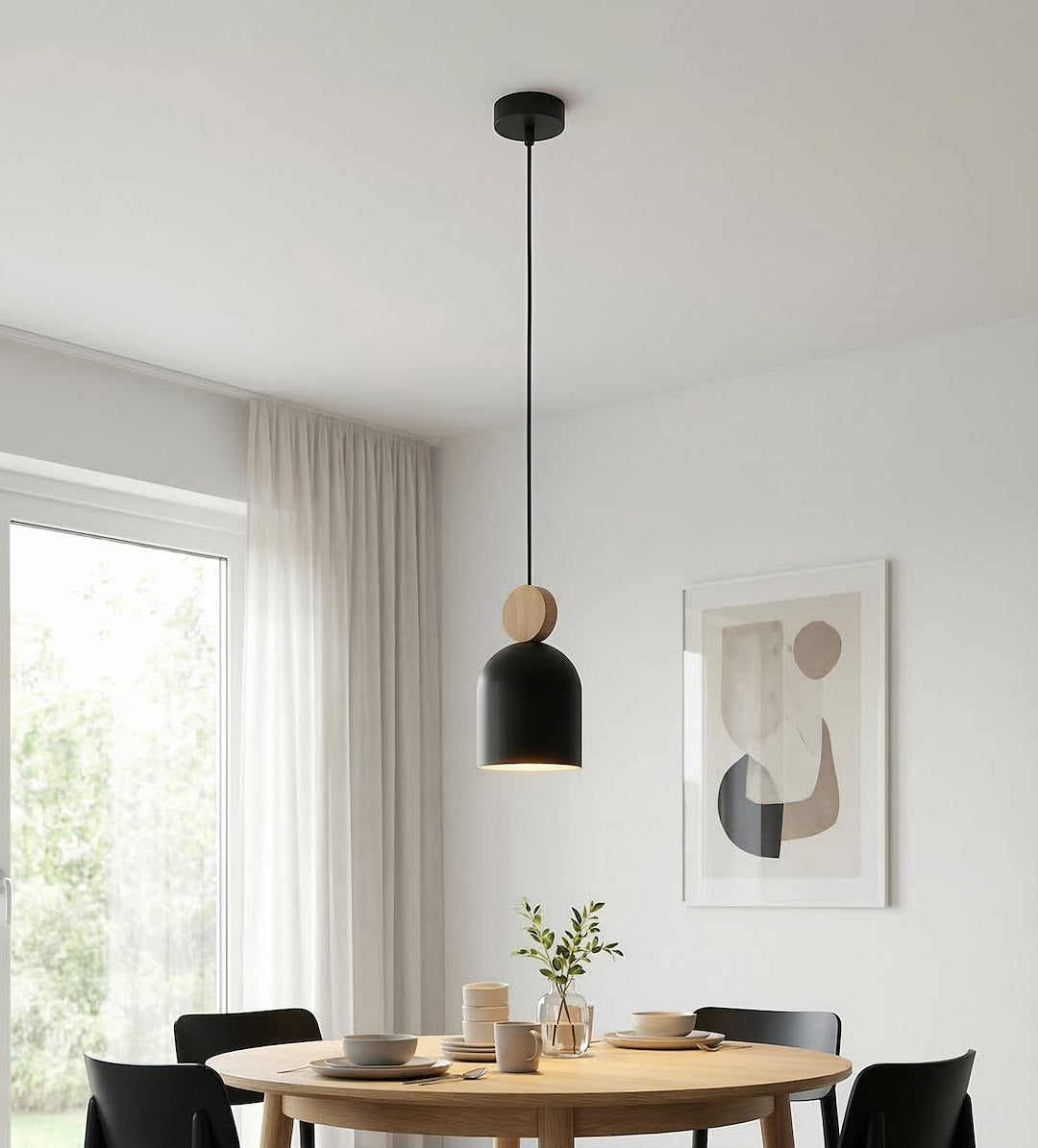 Hanglamp gepoedercoat staal en hout, Scandinavisch model Mesi, zwart, 11 cm, verstelbare hoogte