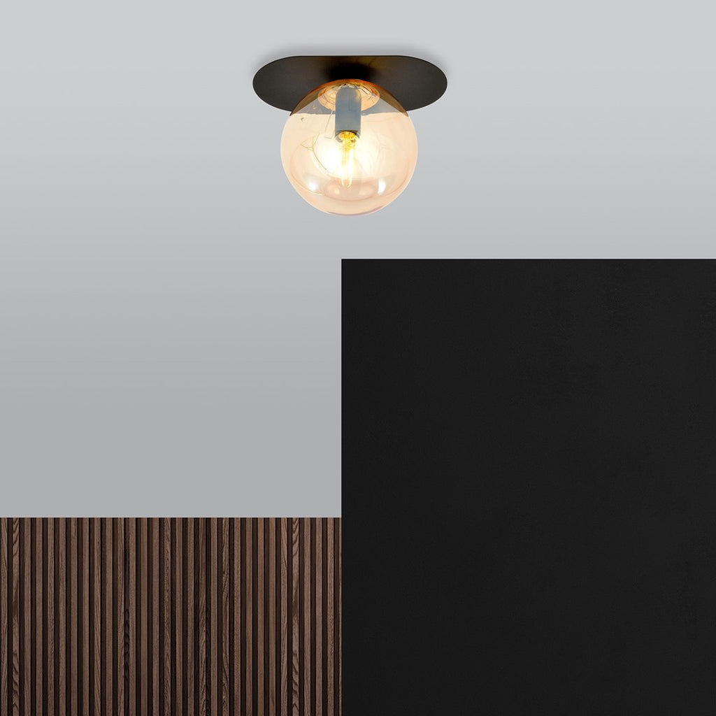 Plafondlamp Plaza gepoedercoat staal en glas, modern, zwart met amberkleurig glas Ø 14 cm, 1 x E14