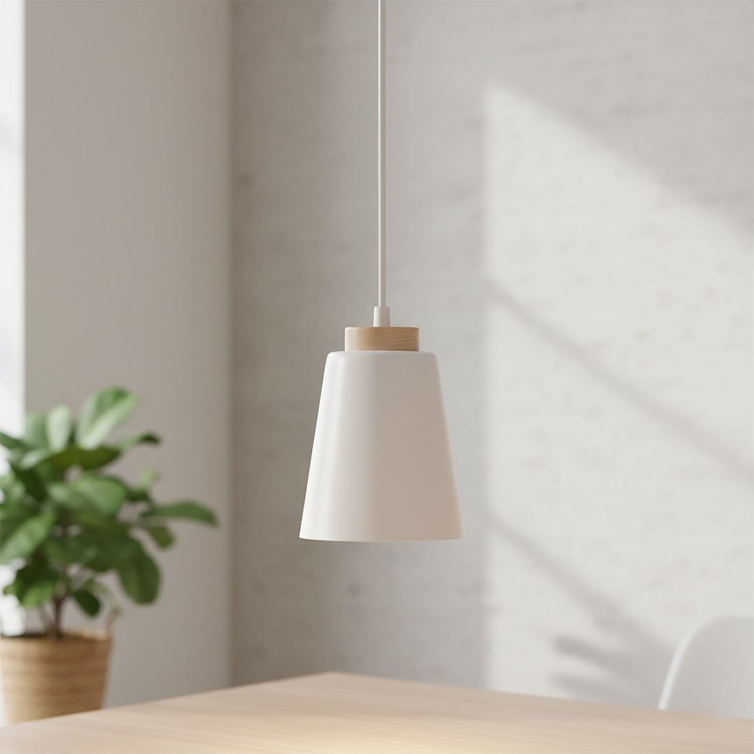Hanglamp gepoedercoat staal en hout Bolero, Scandinavisch wit, 14 x 100 cm, 1 fitting E27, voor woonkamer en slaapkamer